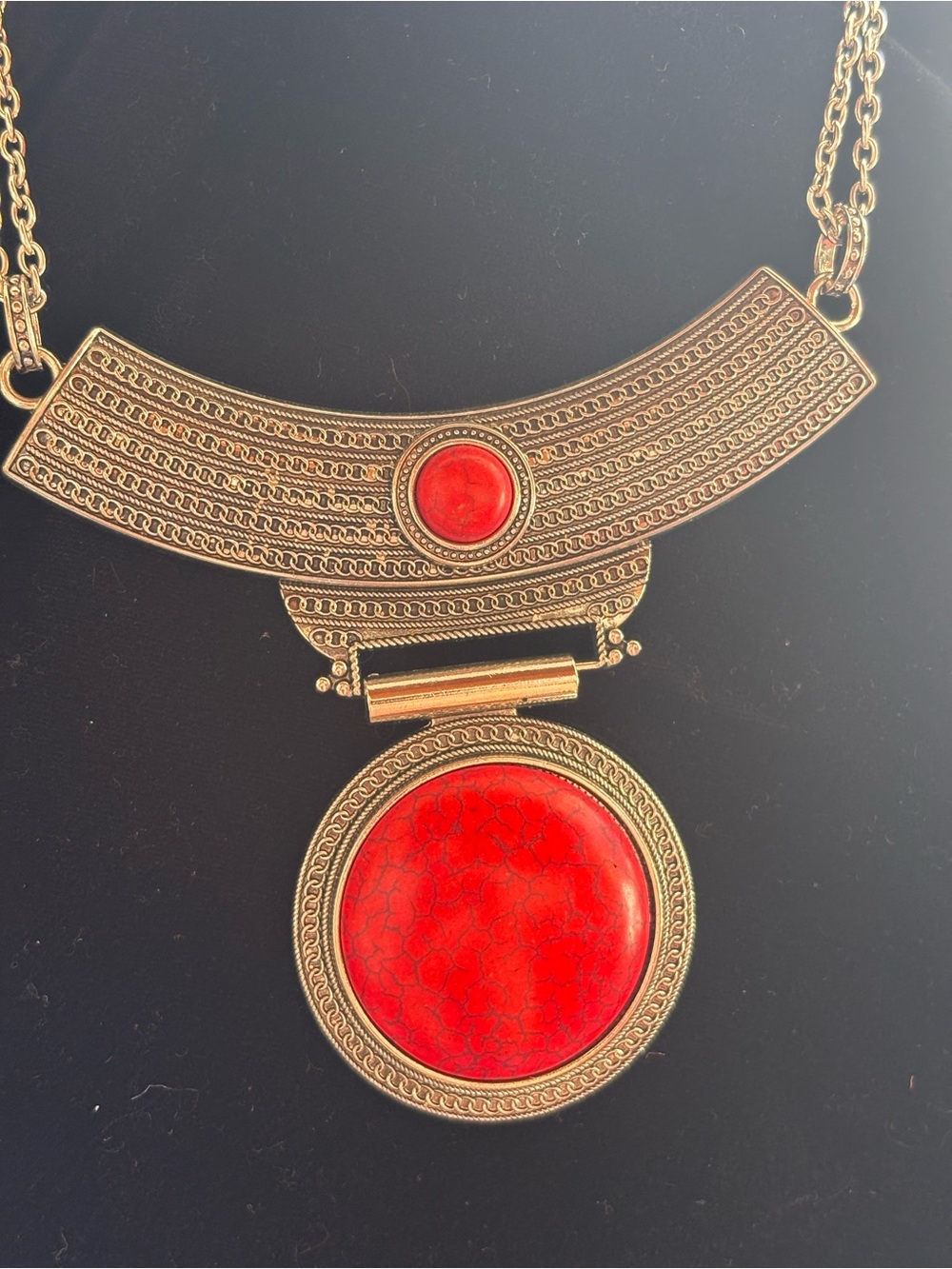 Gold-Tone Statement Necklace with Red Cabochon Pendant